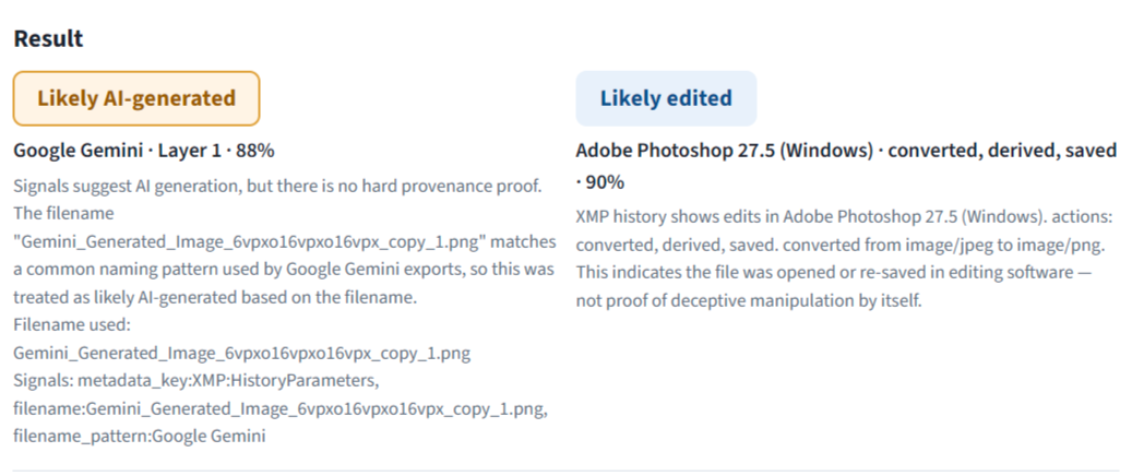 Screenshot of the AI and edit verdict cards on the result panel